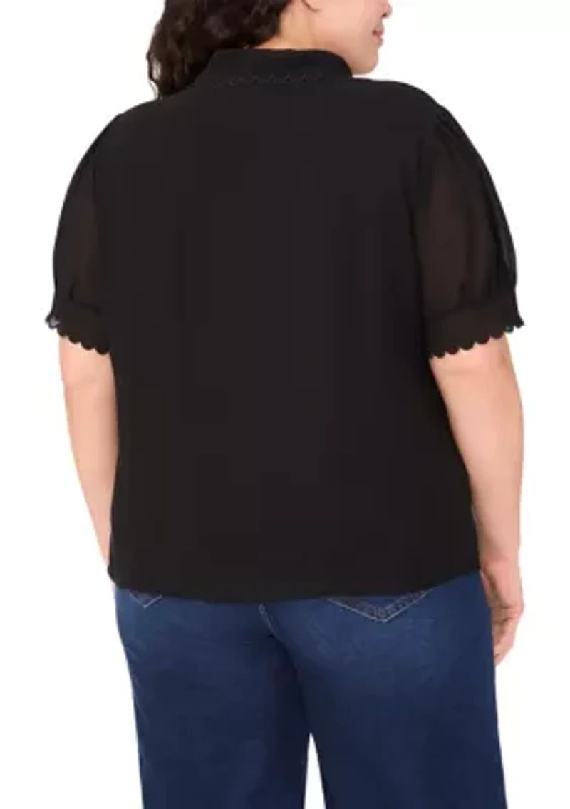 Plus Short Sleeve Button Front Scalloped Top
