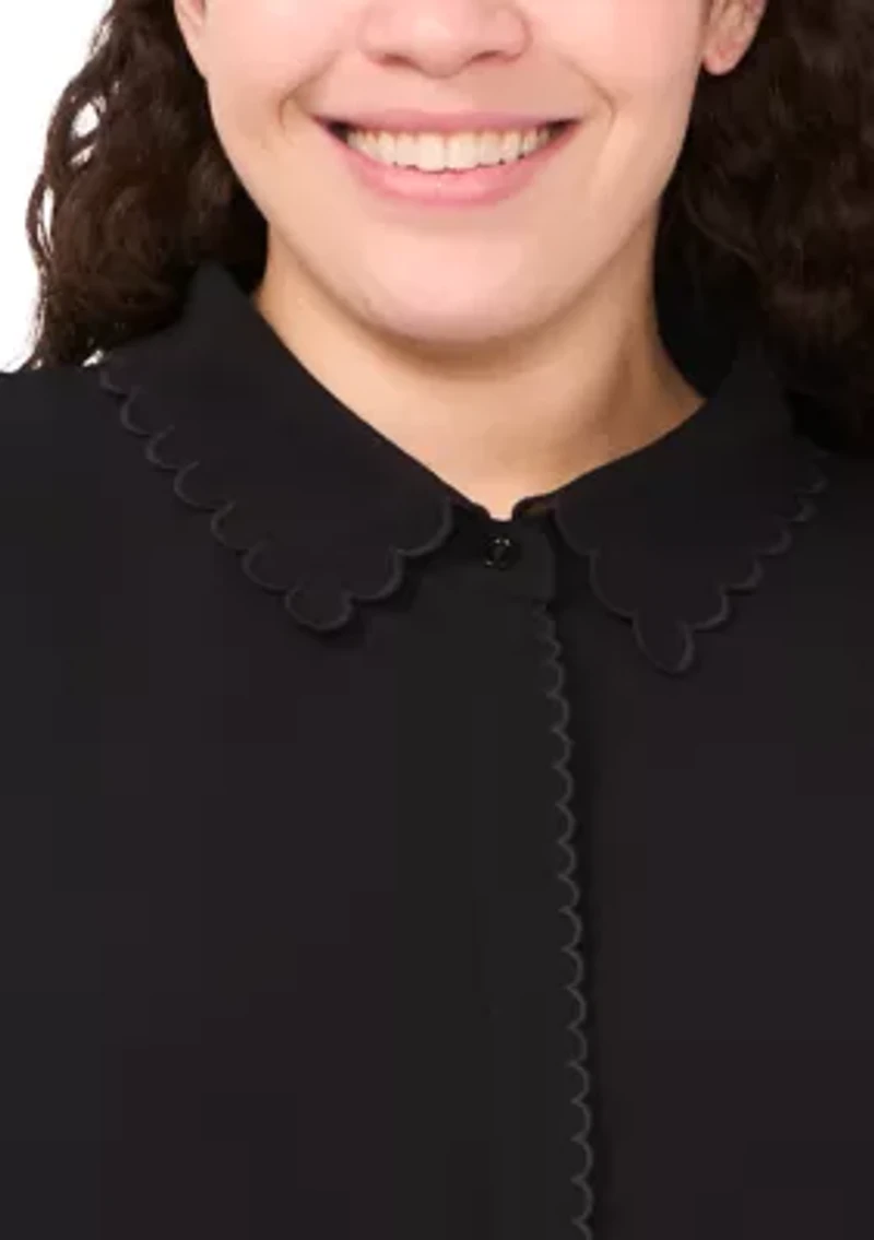 Plus Short Sleeve Button Front Scalloped Top