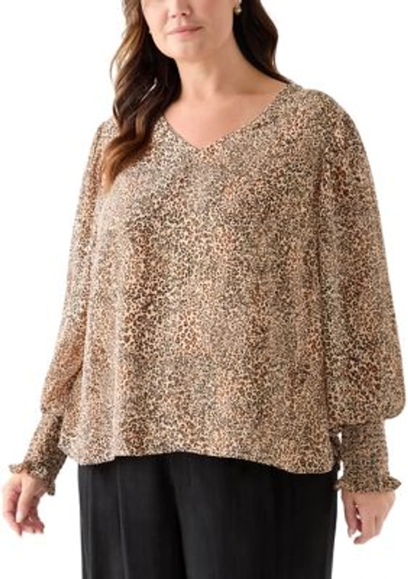 Plus V-Neck Blouse with Cuff Sleeves