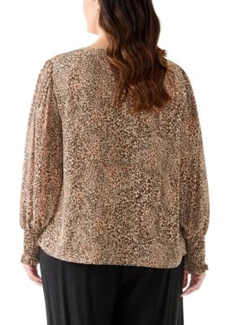 Plus V-Neck Blouse with Cuff Sleeves