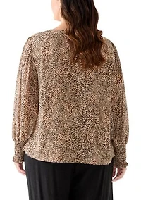 Plus V-Neck Blouse with Cuff Sleeves