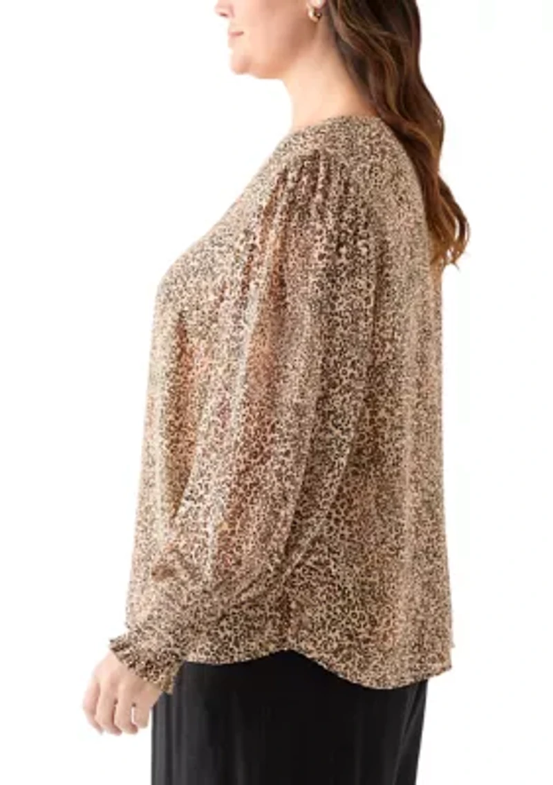 Plus V-Neck Blouse with Cuff Sleeves