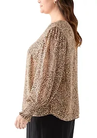 Plus V-Neck Blouse with Cuff Sleeves