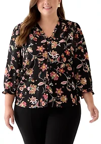 Plus 3/4 Sleeve Button Front Blouse Rich Black