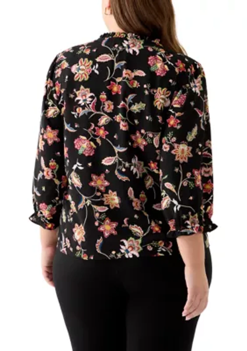 Plus 3/4 Sleeve Button Front Blouse Rich Black