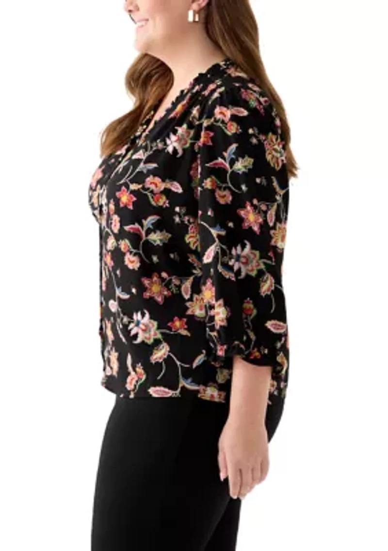 Plus 3/4 Sleeve Button Front Blouse Rich Black