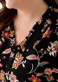 Plus 3/4 Sleeve Button Front Blouse Rich Black