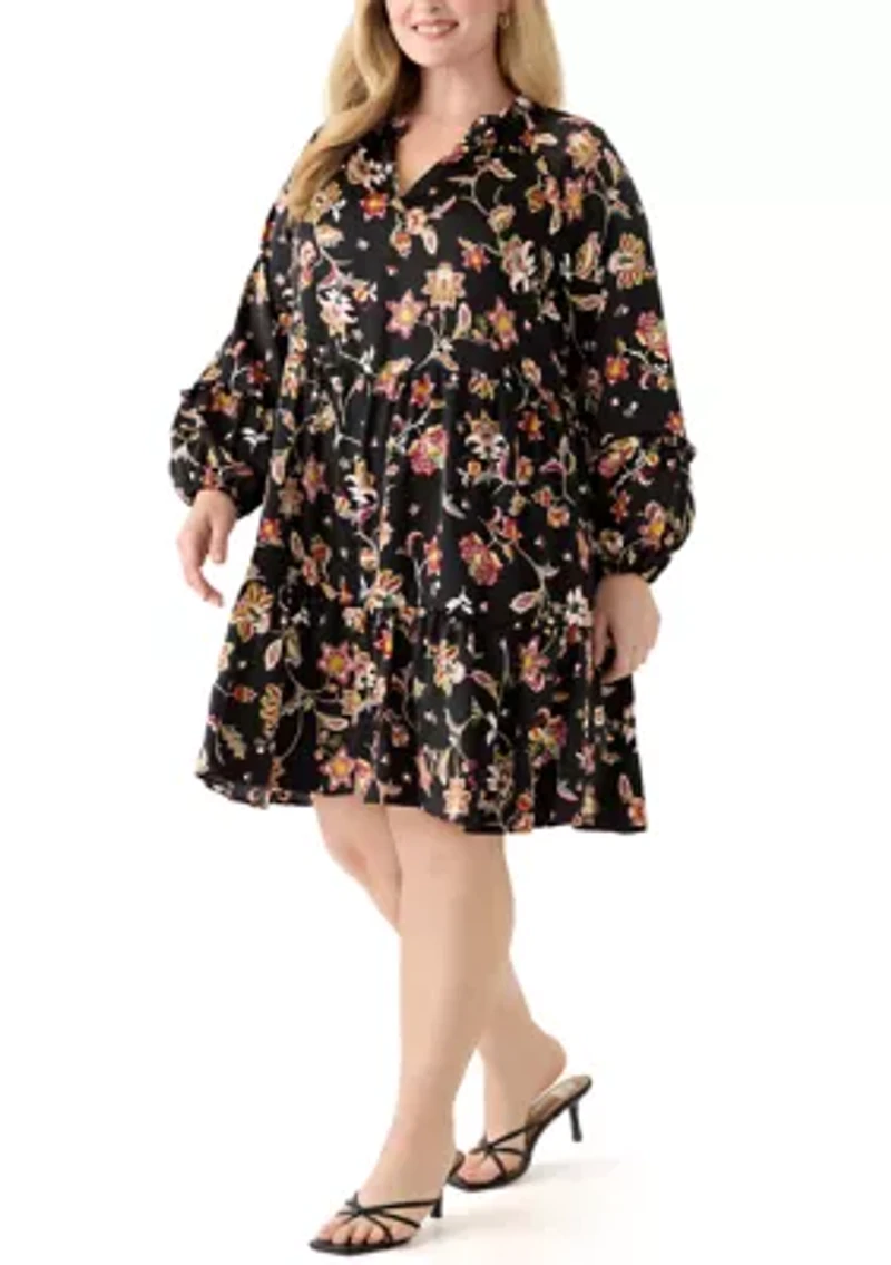 Plus 3/4 Split Neck Satin Rich Black Mini Dress