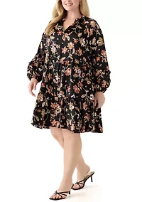 Plus 3/4 Split Neck Satin Rich Black Mini Dress