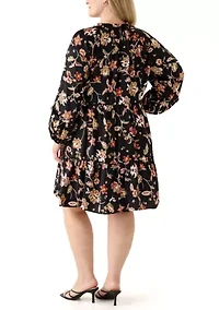 Plus 3/4 Split Neck Satin Rich Black Mini Dress