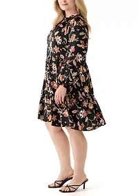 Plus 3/4 Split Neck Satin Rich Black Mini Dress