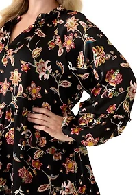 Plus 3/4 Split Neck Satin Rich Black Mini Dress