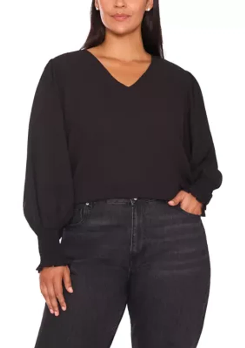 Plus Long Sleeve V-Neck Blouse with Cuffs