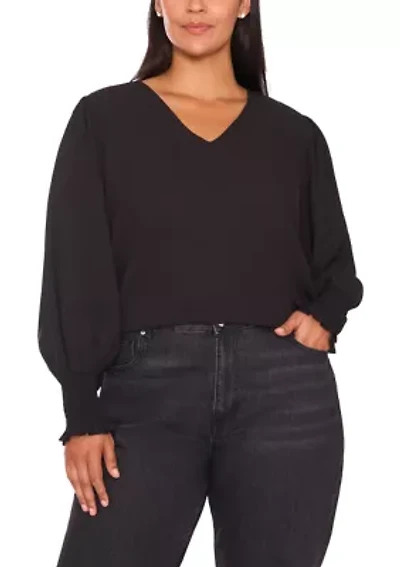 Plus Long Sleeve V-Neck Blouse with Cuffs