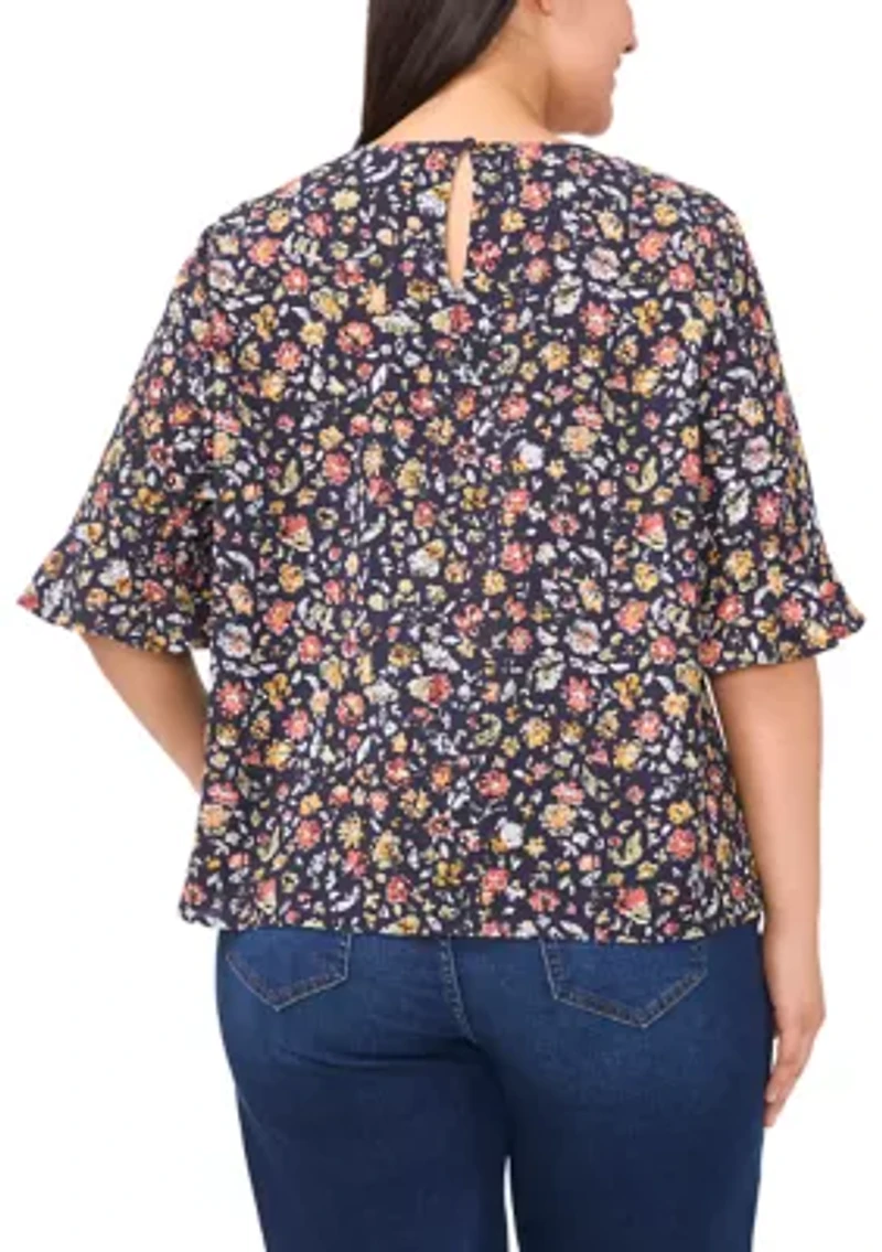 Plus Short Sleeve Ruffle Cuff Woven Print Top