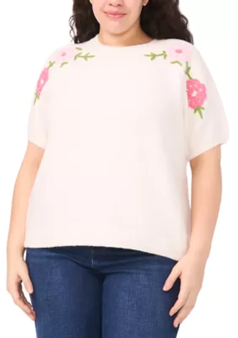 Plus Embroidered Floral Crew Neck Sweater