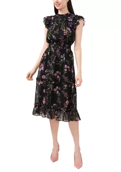 Petite Flutter Sleeve Floral Ruffle Neck Dress