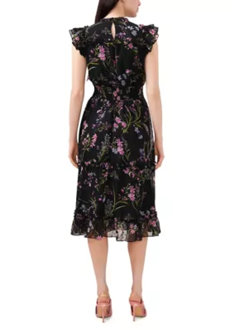 Petite Flutter Sleeve Floral Ruffle Neck Dress