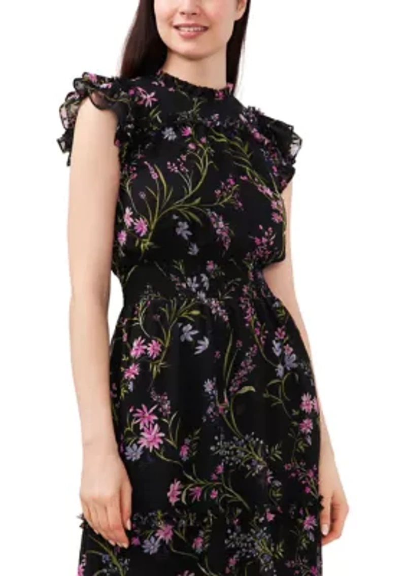 Petite Flutter Sleeve Floral Ruffle Neck Dress