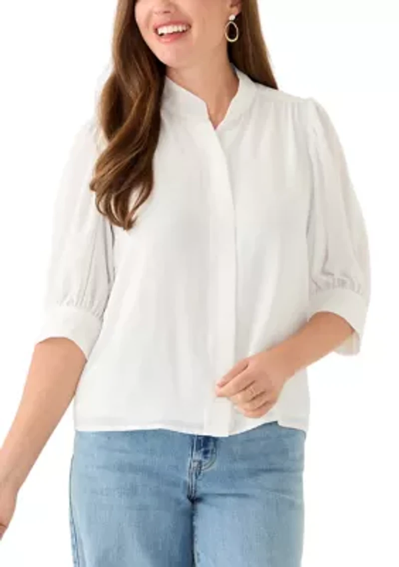 Petite 3/4 Sleeve New Ivory Button Down Top