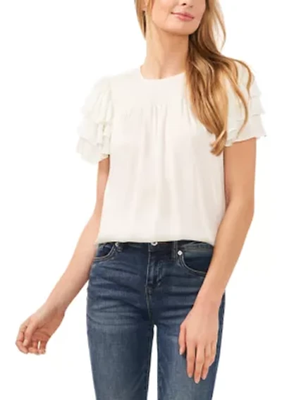 Petite Smocked Yoke Blouse with Triple Flutter Sleeves
