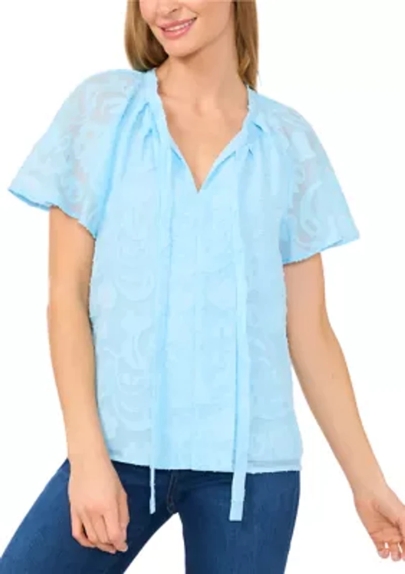 Petite Raglan Flutter Sleeve Pleated Bow Top