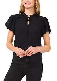 Petite Bubble Sleeve Tie Neck Blouse