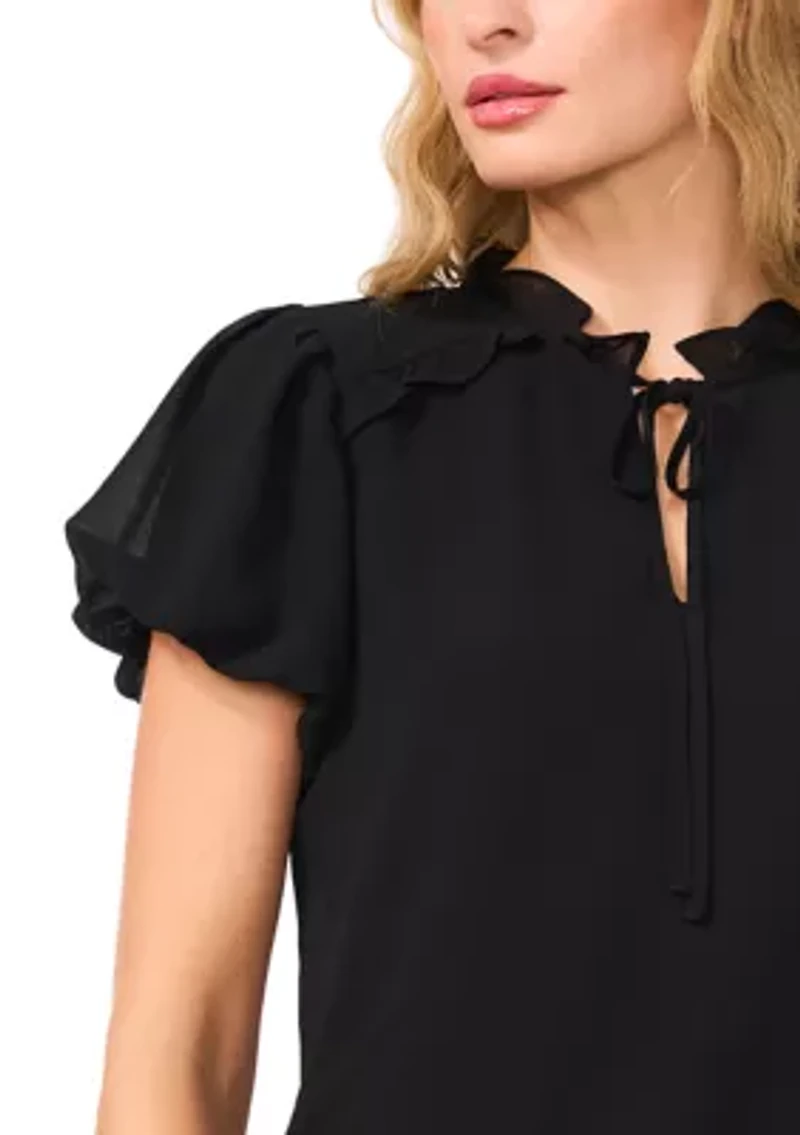 Petite Bubble Sleeve Tie Neck Blouse