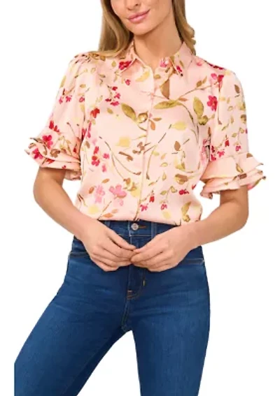 Petite Collared Button Up Blouse with Ruffles