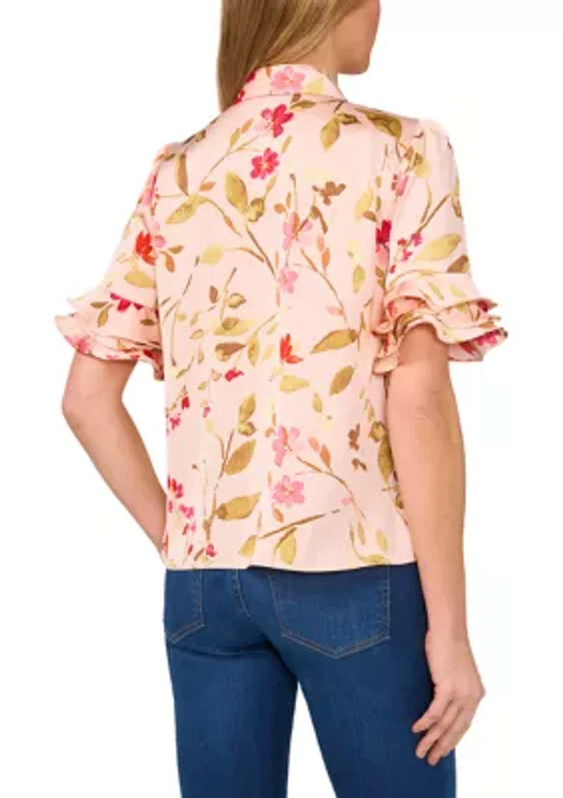 Petite Collared Button Up Blouse with Ruffles