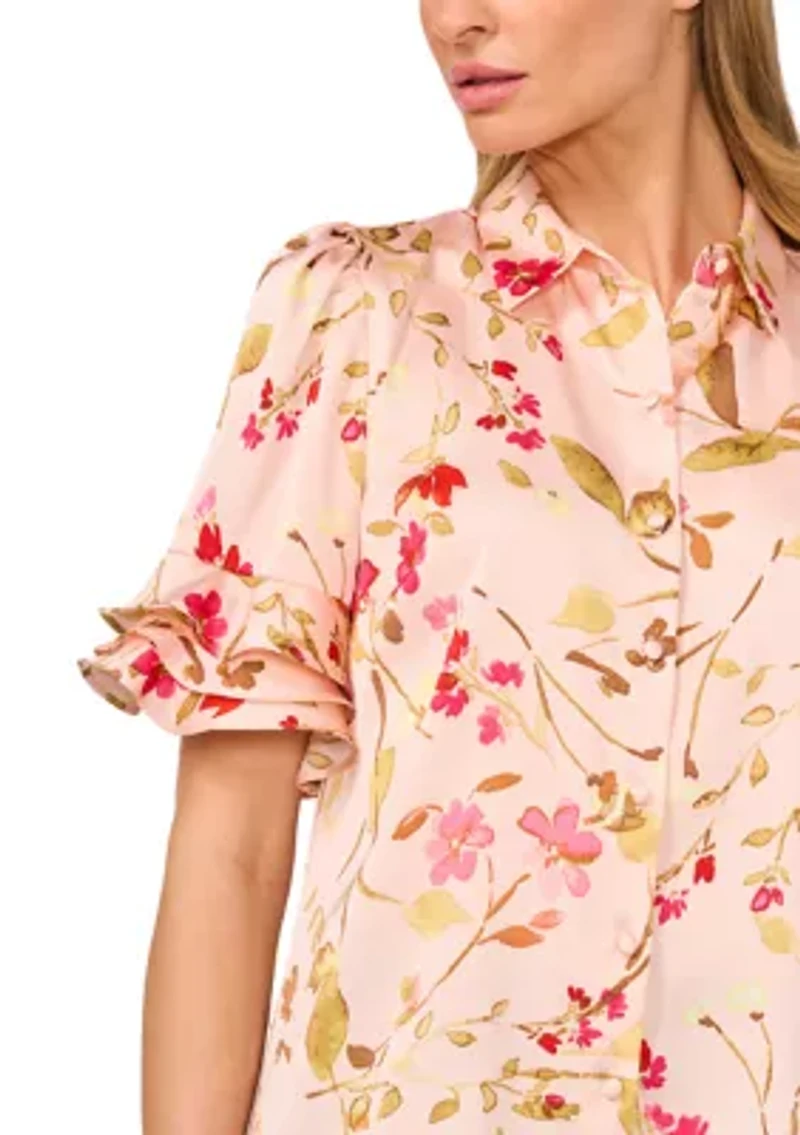 Petite Collared Button Up Blouse with Ruffles