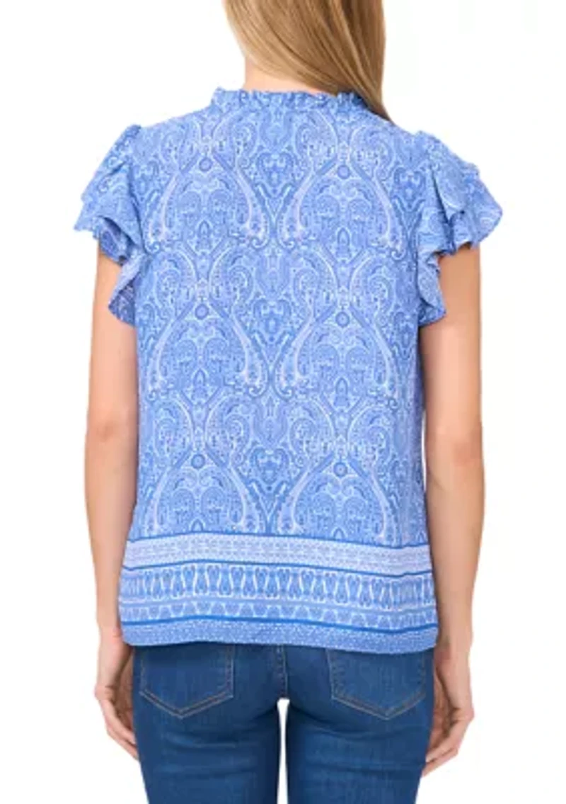 Petite Border Printed Flutter Sleeve Top