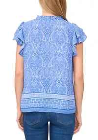 Petite Border Printed Flutter Sleeve Top
