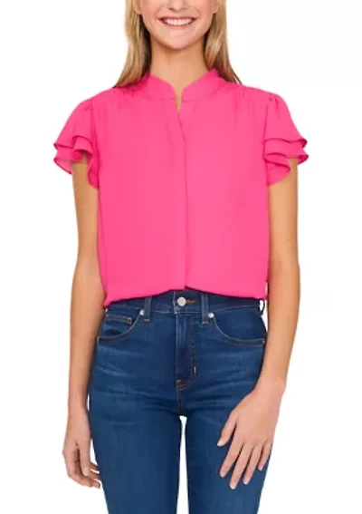Petite Short Sleeve Button Down Blouse