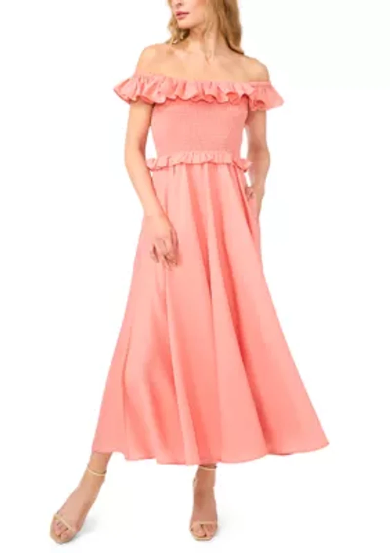 Petite Smocked Bodice Ruffle Off the Shoulder Midi Dress