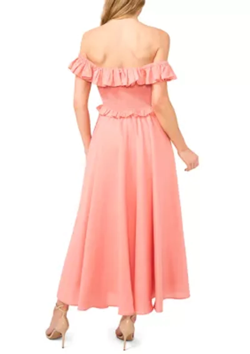 Petite Smocked Bodice Ruffle Off the Shoulder Midi Dress