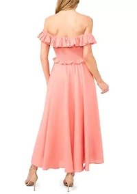 Petite Smocked Bodice Ruffle Off the Shoulder Midi Dress