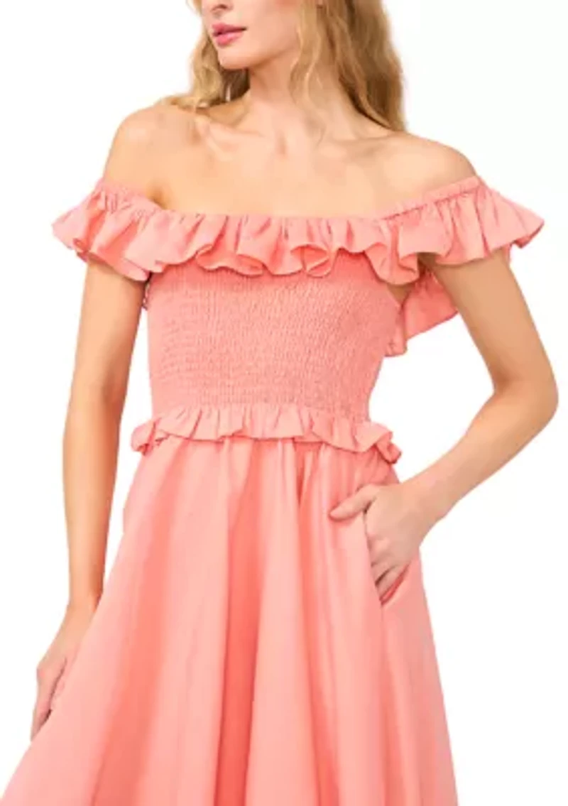 Petite Smocked Bodice Ruffle Off the Shoulder Midi Dress