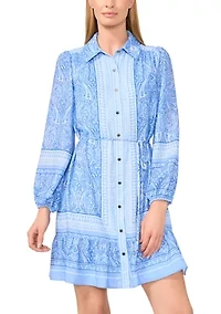 Petite Long Sleeve Tie Waist Shirt Dress with Buttons