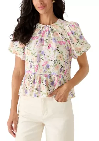 Petite Puff Sleeve Crew Neck Peplum Top