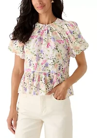Petite Puff Sleeve Crew Neck Peplum Top