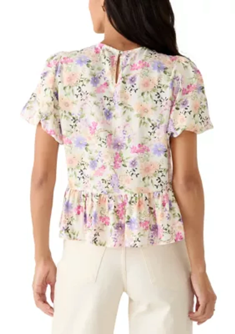Petite Puff Sleeve Crew Neck Peplum Top