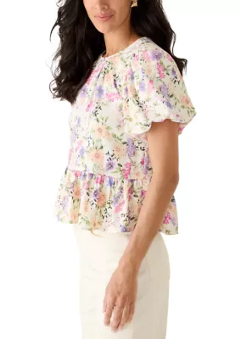 Petite Puff Sleeve Crew Neck Peplum Top
