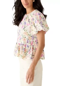 Petite Puff Sleeve Crew Neck Peplum Top