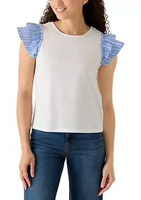 Petite Knit Poplin Flutter Sleeve Top