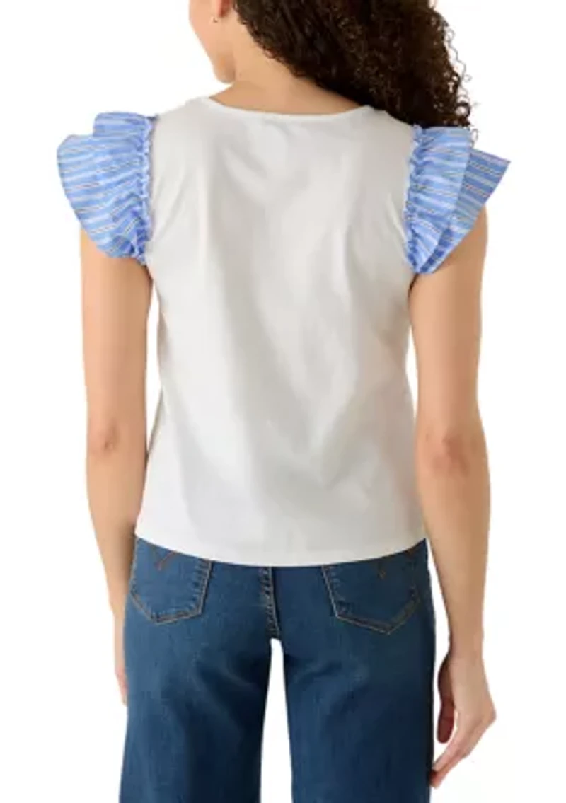 Petite Knit Poplin Flutter Sleeve Top