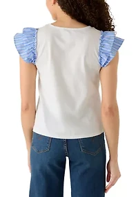 Petite Knit Poplin Flutter Sleeve Top