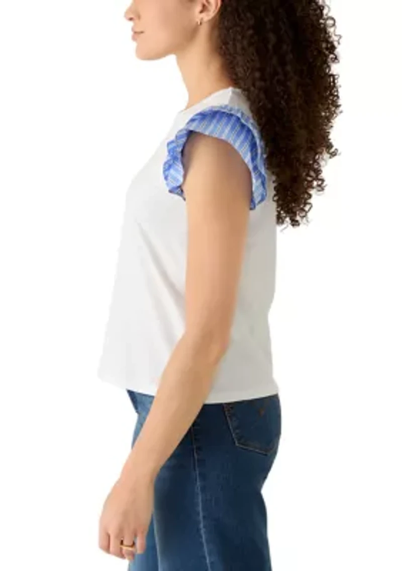 Petite Knit Poplin Flutter Sleeve Top