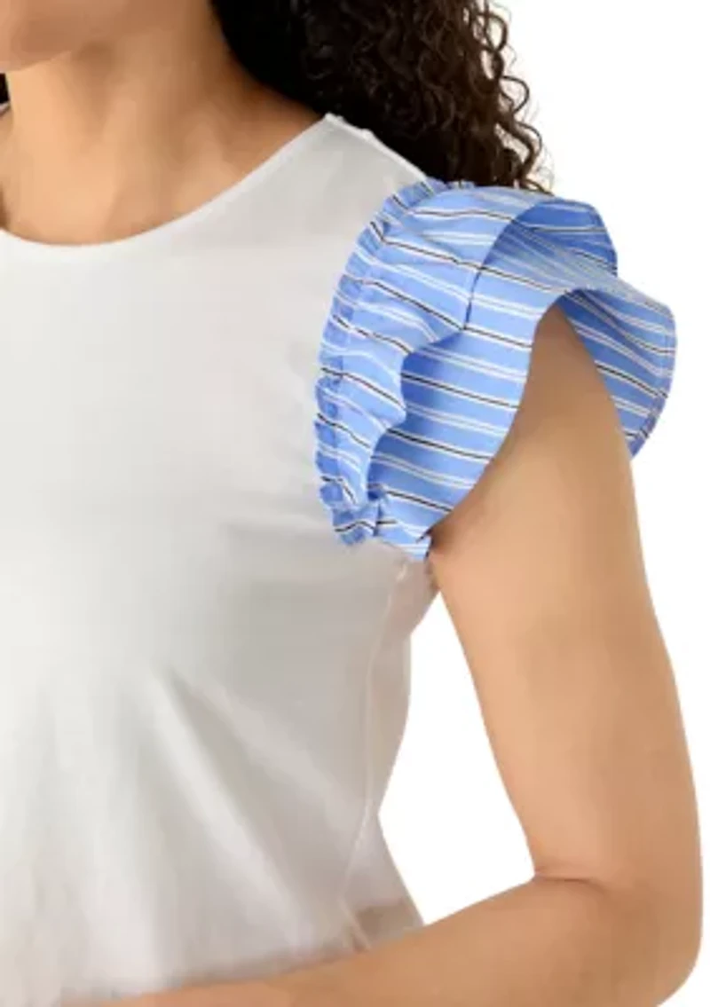 Petite Knit Poplin Flutter Sleeve Top