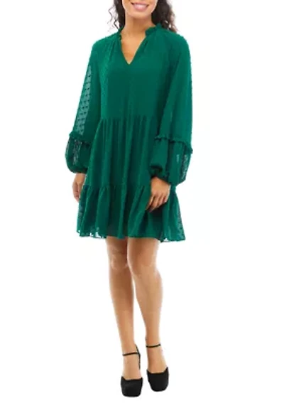 Petite Long Sleeve Split Neck Babydoll Dress